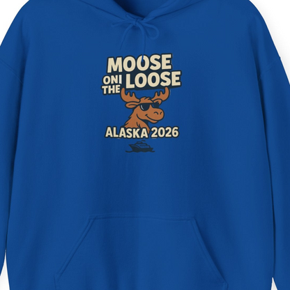 Moose on the Loose Alaska 2026 Cruise Cartoon Funny Shirt — Hoodie Hoodie – Royal – Alaska Cruise Shirts Close Up