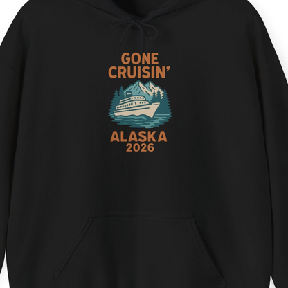 Gone Cruisin Alaska 2026 Retro Cruise Ship Nature Scenery Shirt — Hoodie Hoodie – Black – Alaska Cruise Shirts Close Up