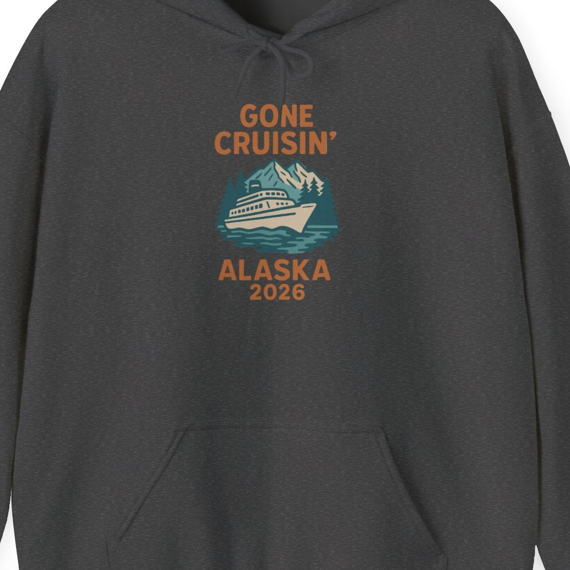 Gone Cruisin Alaska 2026 Retro Cruise Ship Nature Scenery Shirt — Hoodie Hoodie – Dark Heather – Alaska Cruise Shirts Close Up