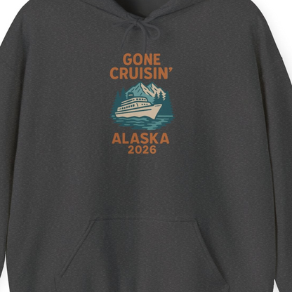 Gone Cruisin Alaska 2026 Retro Cruise Ship Nature Scenery Shirt — Hoodie Hoodie – Dark Heather – Alaska Cruise Shirts Close Up