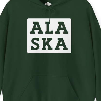 Bold Alaska Block Text Shirt Hoodie – Forest Green – Alaska Cruise Shirts Close Up