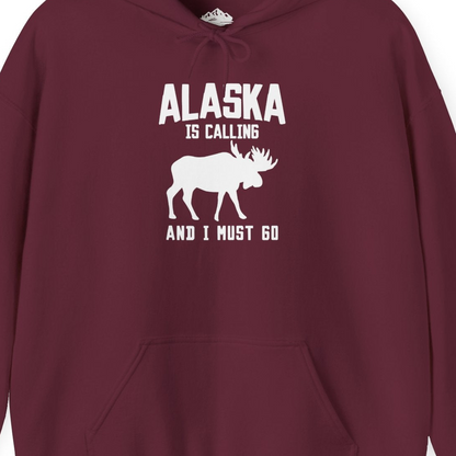 Alaska Is Calling Moose Silhouette Shirt Hoodie – Maroon – Alaska Cruise Shirts Close Up