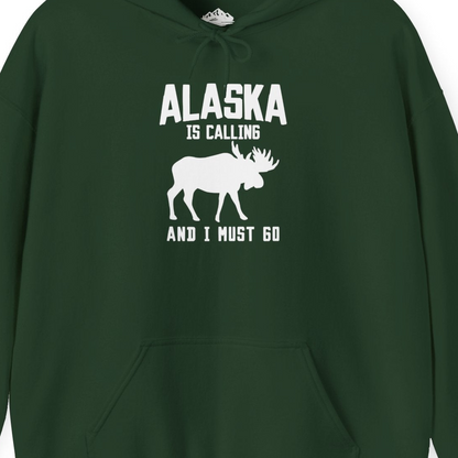 Alaska Is Calling Moose Silhouette Shirt Hoodie – Forest Green – Alaska Cruise Shirts Close Up