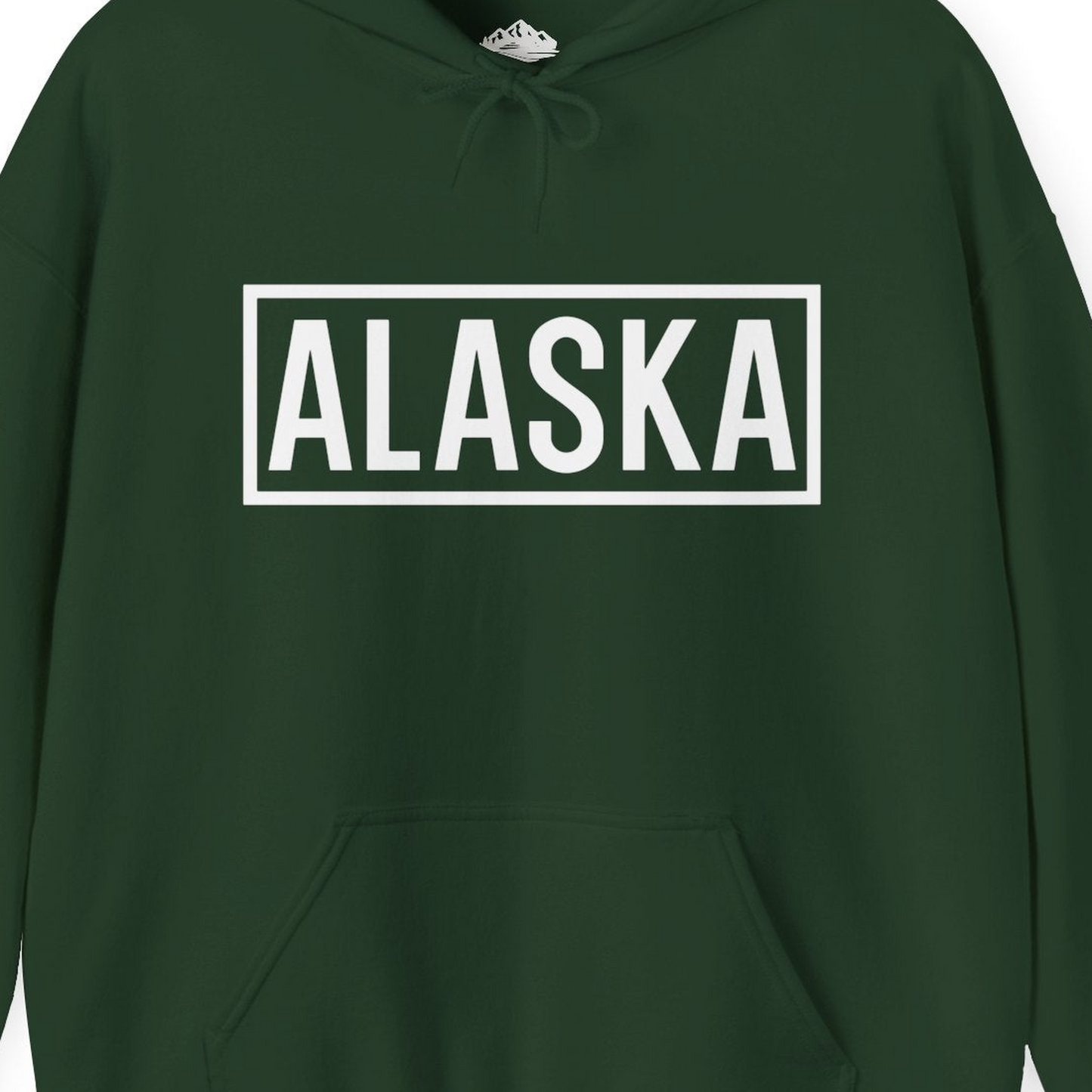 Alaska Bold Text Minimalist Monochrome Graphic Shirt for Travelers — Hoodie Hoodie – Forest Green – Alaska Cruise Shirts Close Up