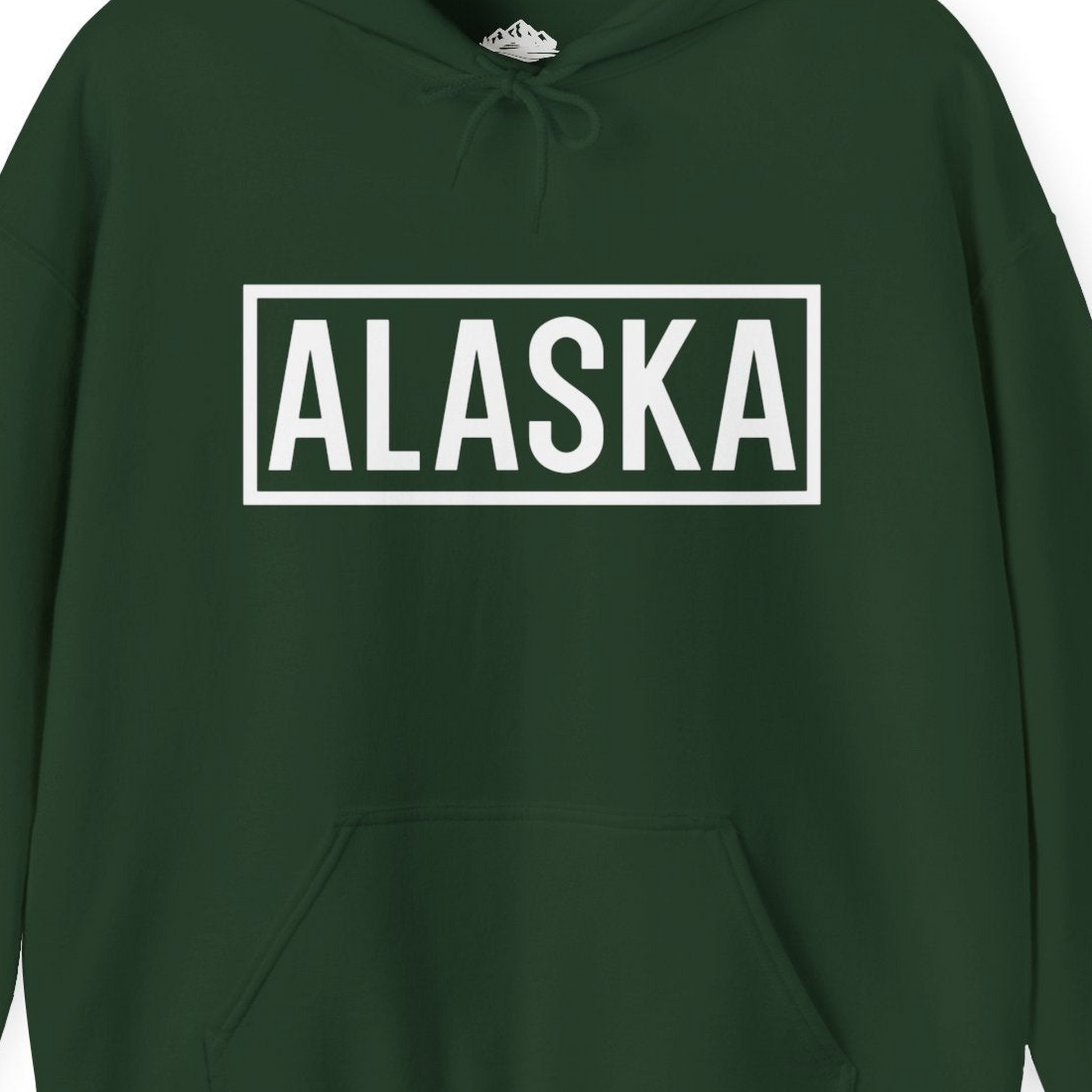 Alaska Bold Text Minimalist Monochrome Graphic Shirt for Travelers — Hoodie Hoodie – Forest Green – Alaska Cruise Shirts Close Up