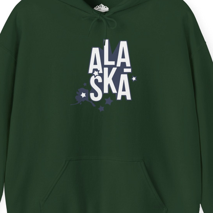 Alaska Stars Bold Typography Shirt Hoodie – Forest Green – Alaska Cruise Shirts Close Up