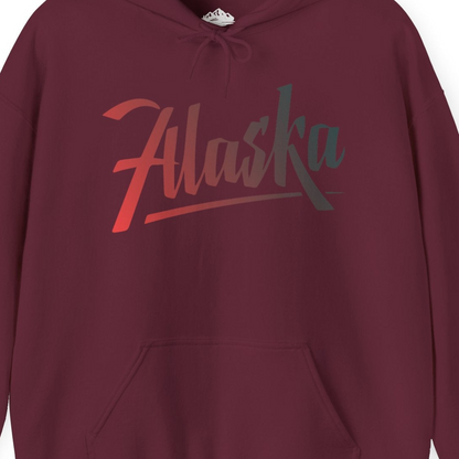 Alaska Script Wordmark Shirt Hoodie – Maroon – Alaska Cruise Shirts Close Up