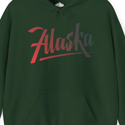 Alaska Script Wordmark Shirt Hoodie – Forest Green – Alaska Cruise Shirts Close Up