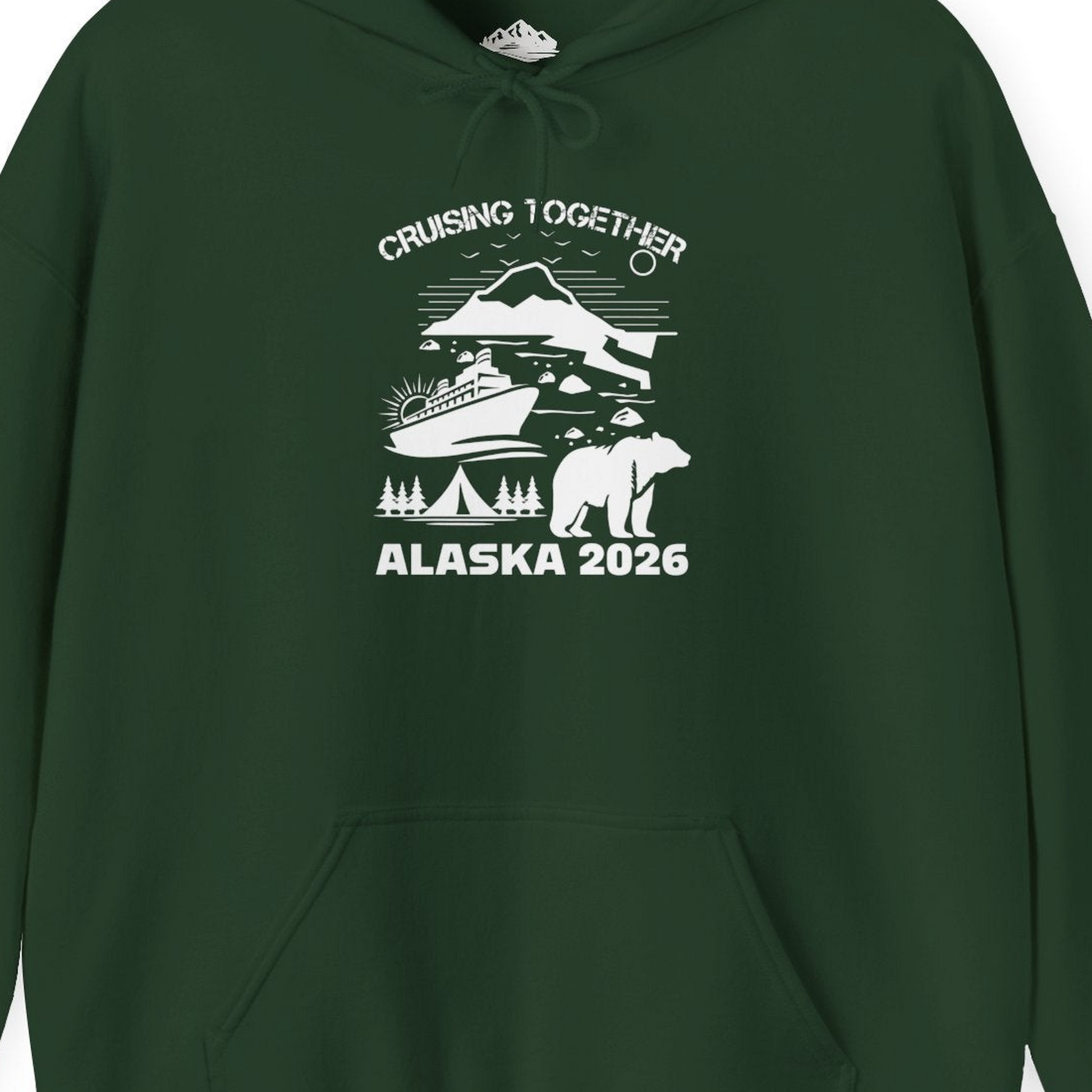 Alaska Cruise 2026 Family Adventure Bear Mountain Nature Shirt — Hoodie Hoodie – Forest Green – Alaska Cruise Shirts Close Up