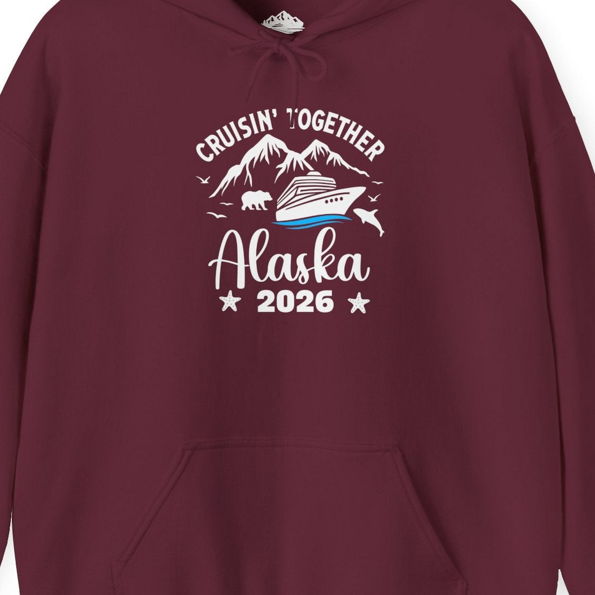Alaska Cruise Adventure 2026 Shirt Hoodie – Maroon – Alaska Cruise Shirts Close Up