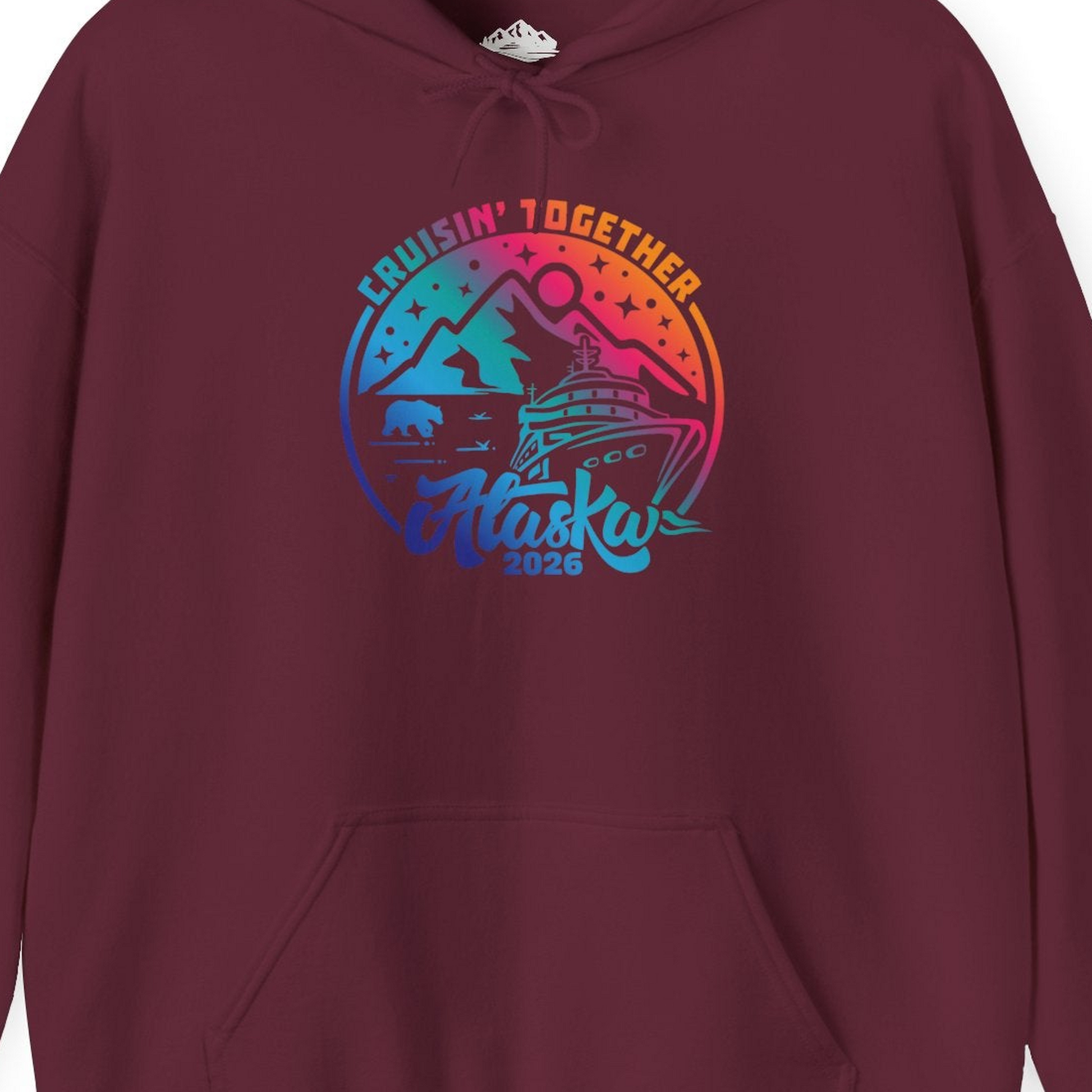 Alaska Cruise Adventure Mountains Wildlife Retro Family Group Shirt 2026 — Hoodie Hoodie – Maroon – Alaska Cruise Shirts Close Up