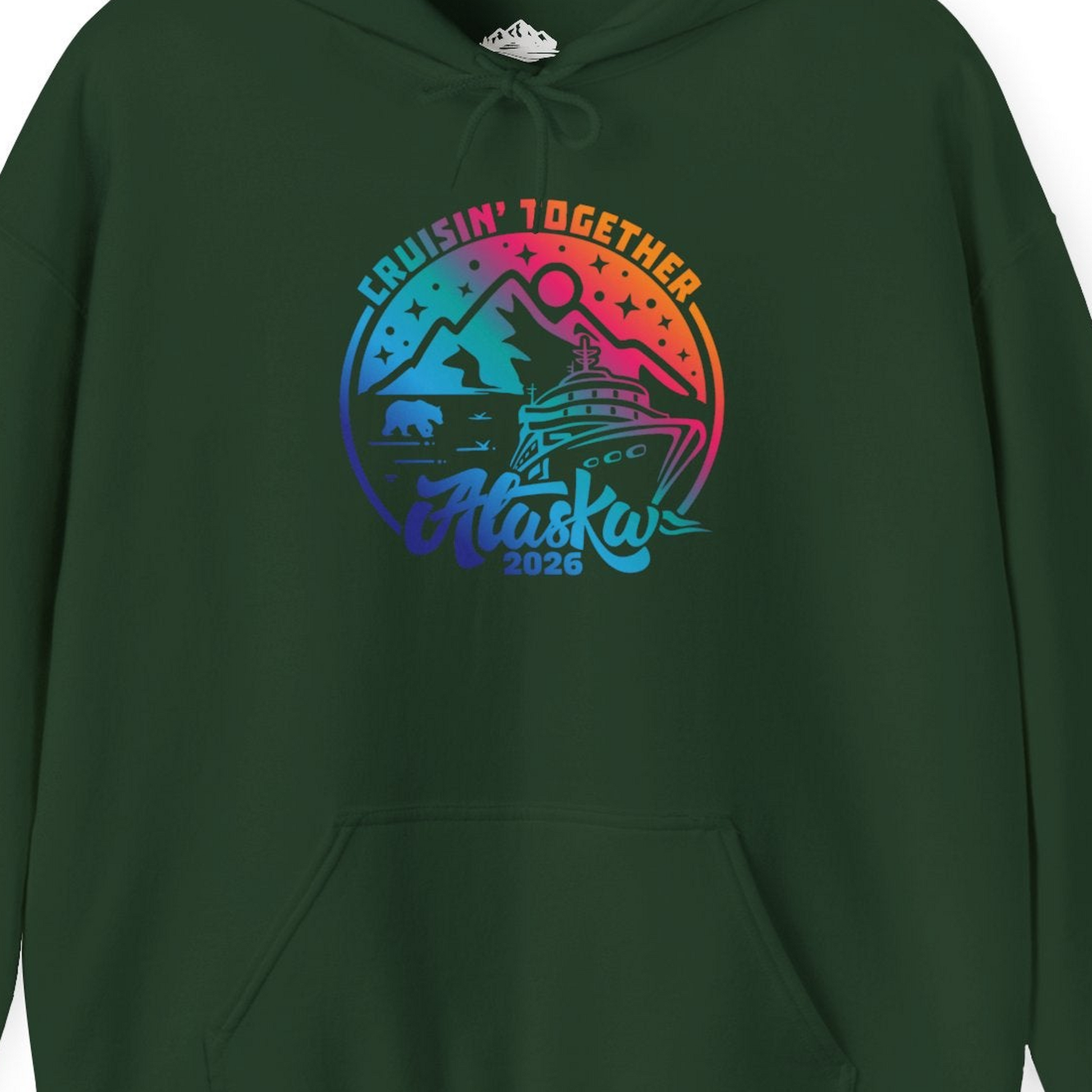 Alaska Cruise Adventure Mountains Wildlife Retro Family Group Shirt 2026 — Hoodie Hoodie – Forest Green – Alaska Cruise Shirts Close Up