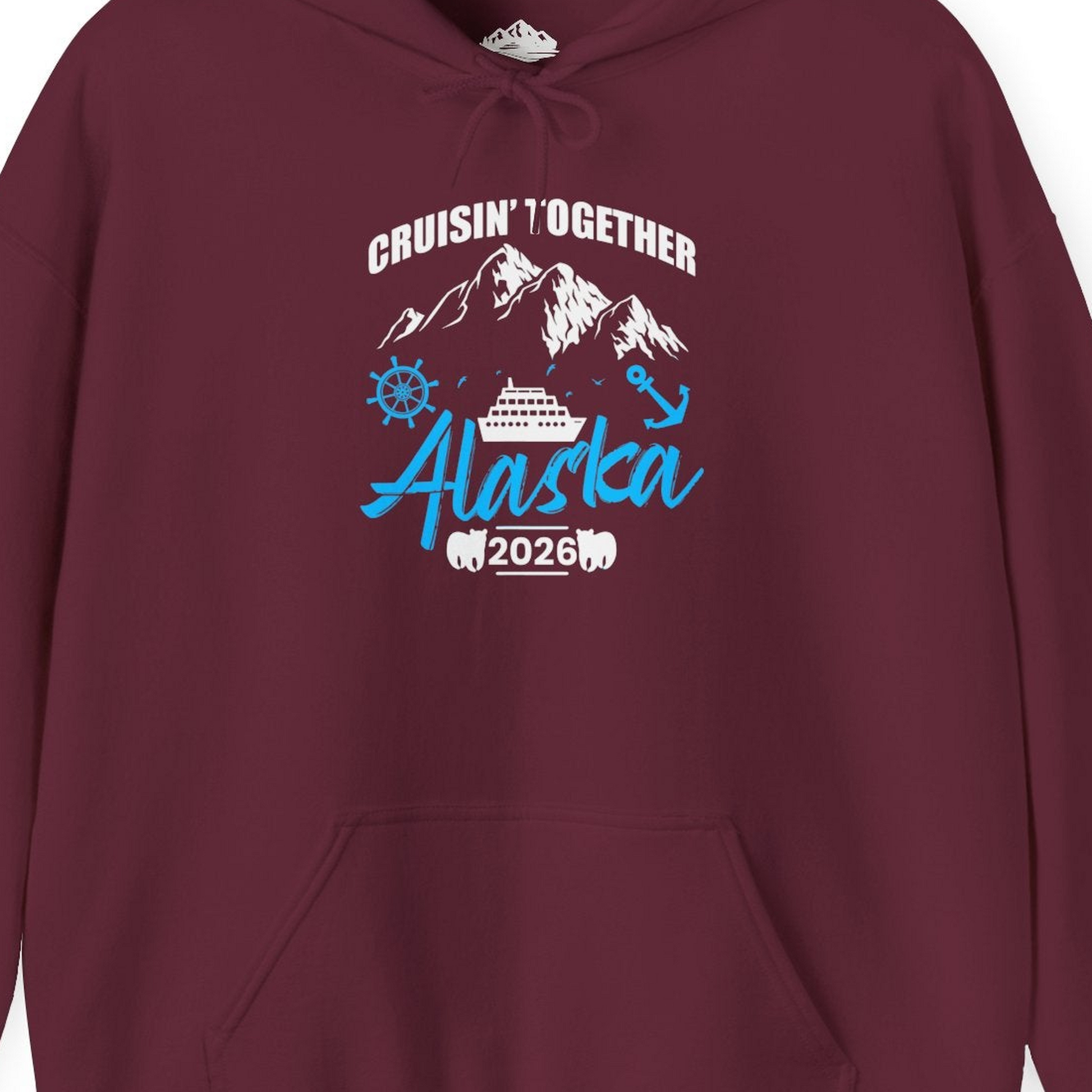 Alaska Cruise Group Adventure Shirt Hoodie – Maroon – Alaska Cruise Shirts Close Up