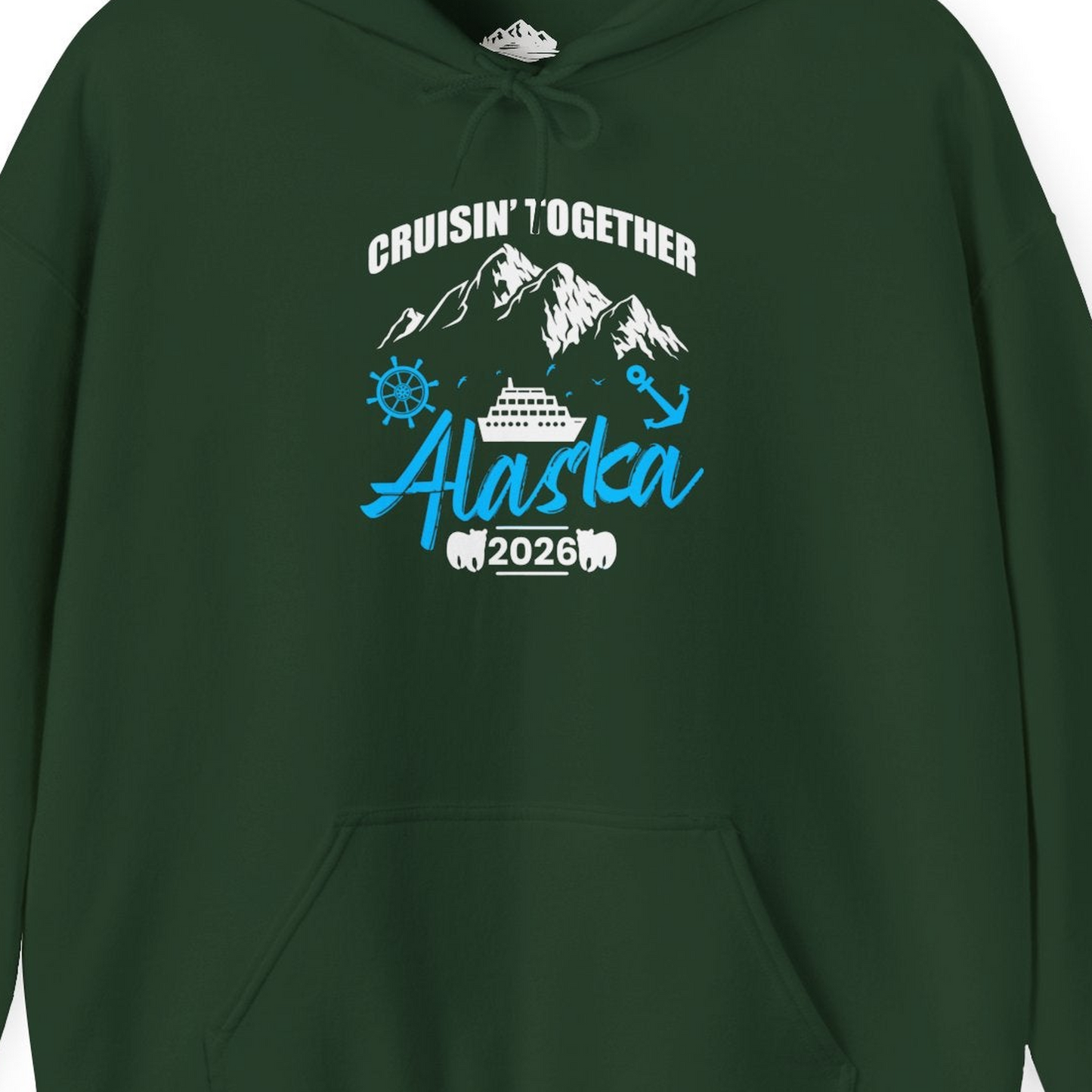Alaska Cruise Group Adventure Shirt Hoodie – Forest Green – Alaska Cruise Shirts Close Up