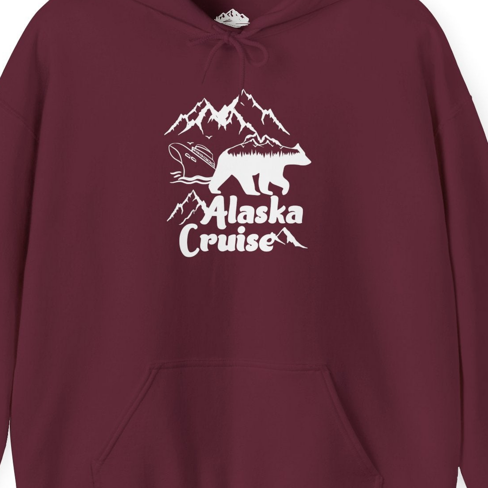 Alaska Cruise Shirt Hoodie – Maroon – Alaska Cruise Shirts Close Up