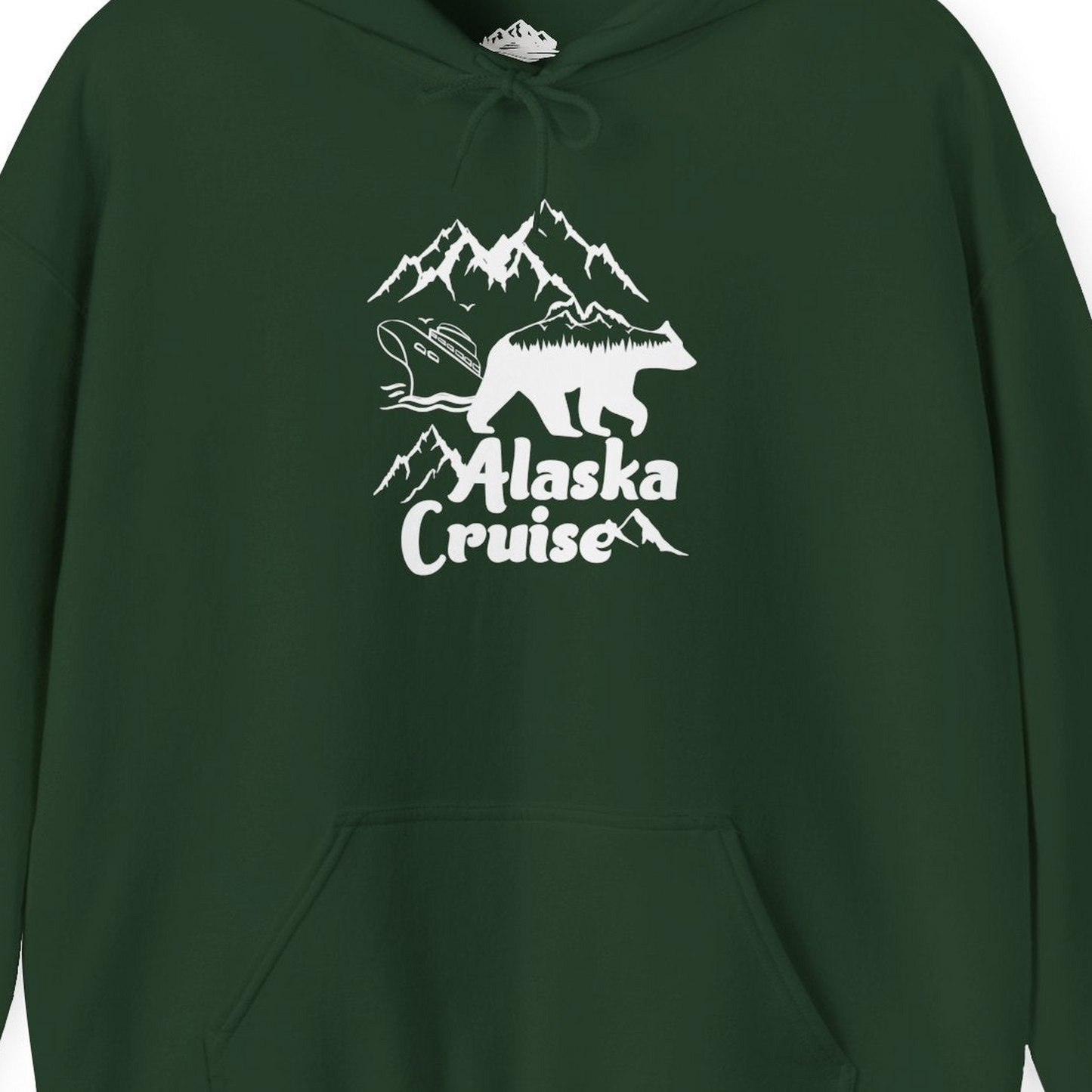 Alaska Cruise Shirt Hoodie – Forest Green – Alaska Cruise Shirts Close Up