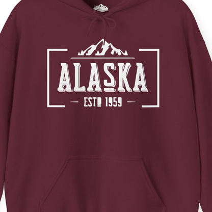 Alaska Mountain Vintage Shirt Hoodie – Maroon – Alaska Cruise Shirts Close Up