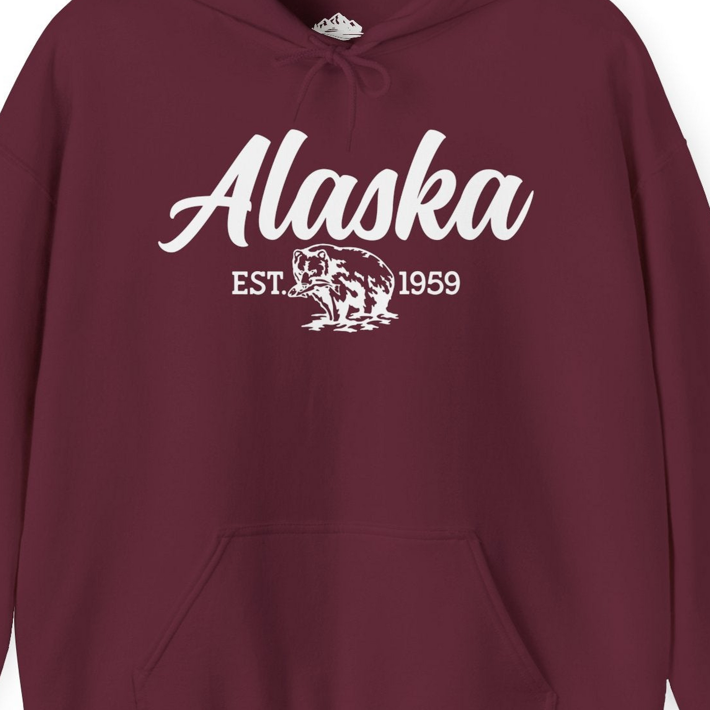 Alaska Bear Est 1959 Vintage Wildlife Graphic Monochrome Shirt — Hoodie Hoodie – Maroon – Alaska Cruise Shirts Close Up