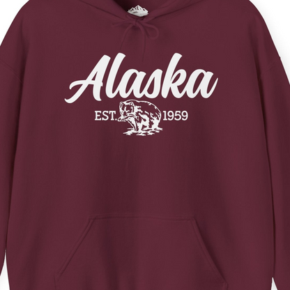 Alaska Bear Est 1959 Vintage Wildlife Graphic Monochrome Shirt — Hoodie Hoodie – Maroon – Alaska Cruise Shirts Close Up