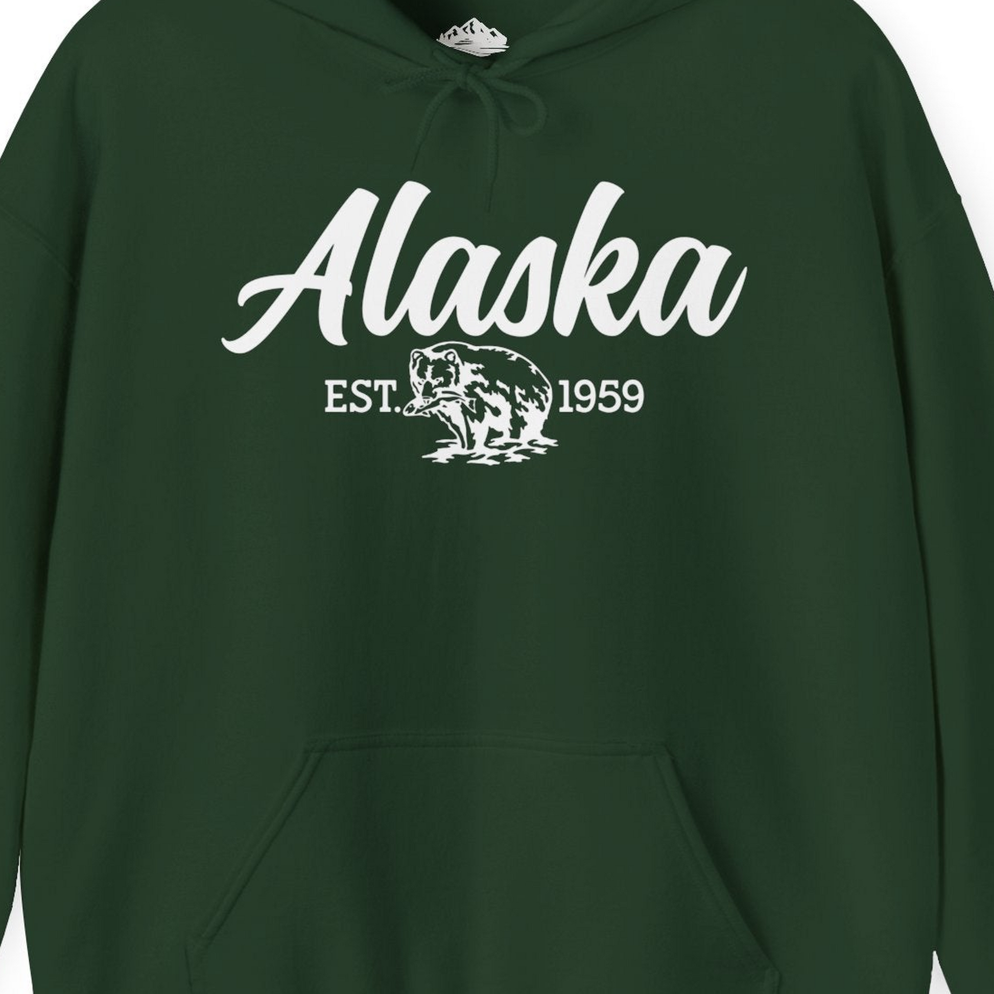 Alaska Bear Est 1959 Vintage Wildlife Graphic Monochrome Shirt — Hoodie Hoodie – Forest Green – Alaska Cruise Shirts Close Up