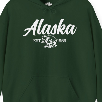Alaska Bear Est 1959 Vintage Wildlife Graphic Monochrome Shirt — Hoodie Hoodie – Forest Green – Alaska Cruise Shirts Close Up