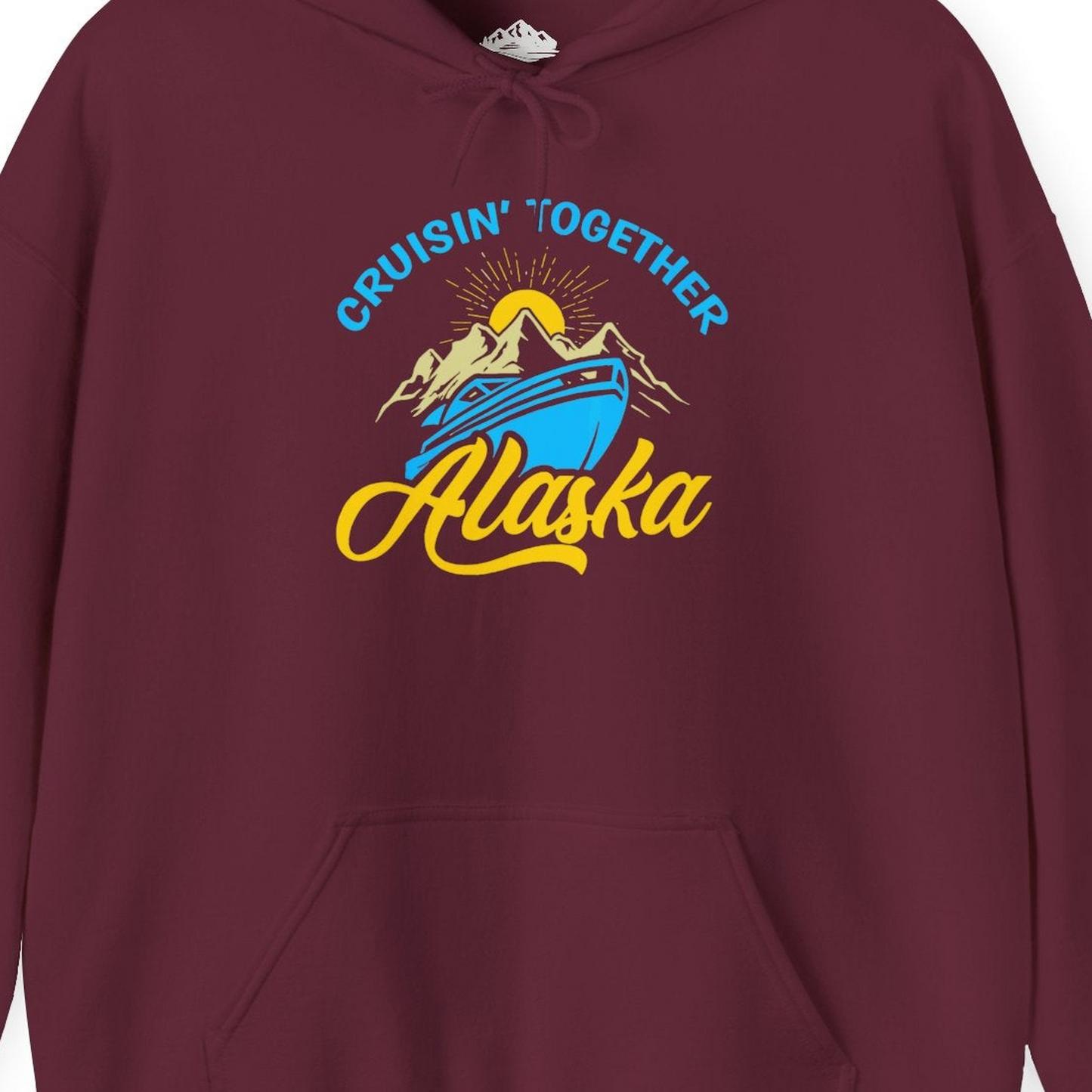Alaska Cruise Adventure Mountains Sunrise Retro Shirt for Travelers — Hoodie Hoodie – Maroon – Alaska Cruise Shirts Close Up