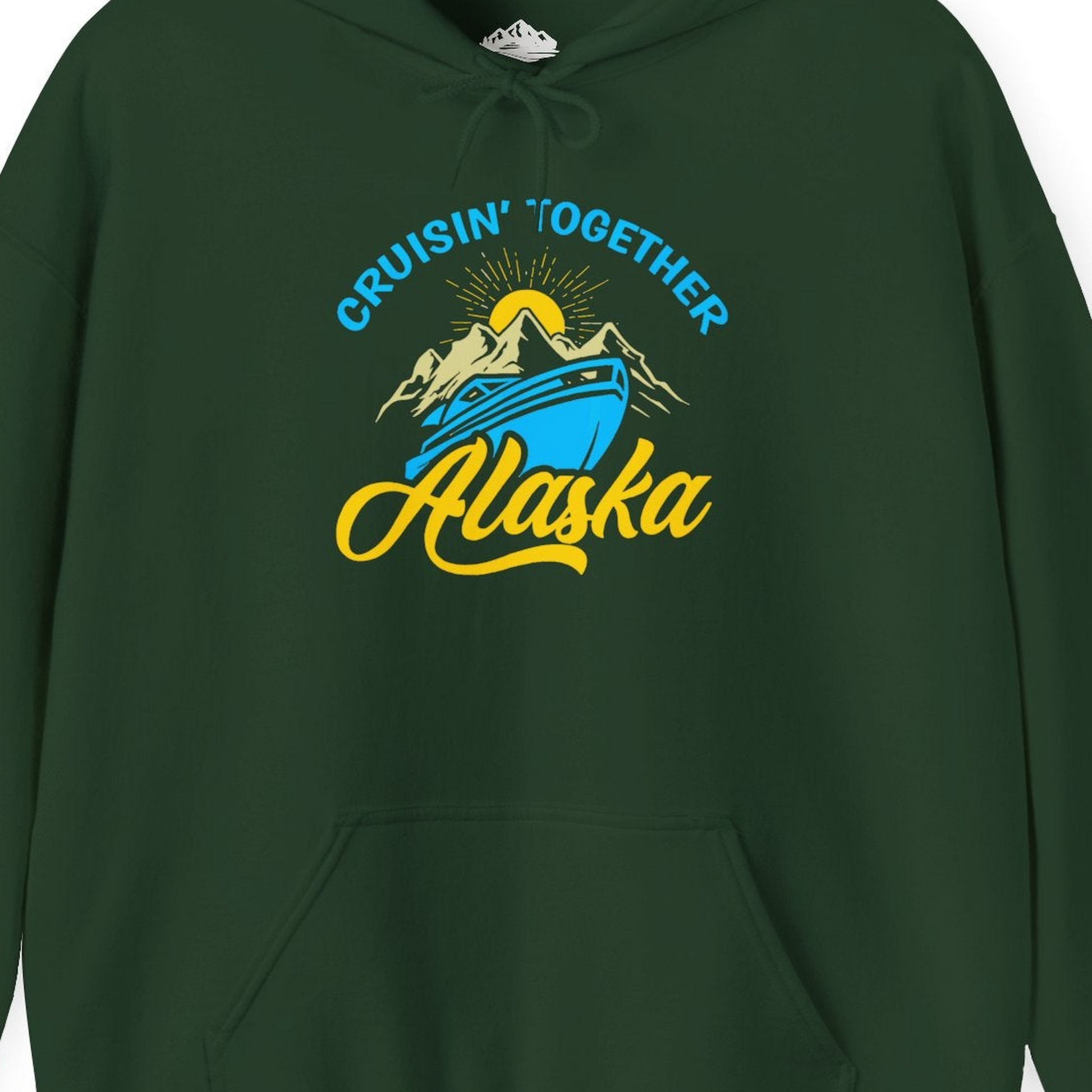Alaska Cruise Adventure Mountains Sunrise Retro Shirt for Travelers — Hoodie Hoodie – Forest Green – Alaska Cruise Shirts Close Up