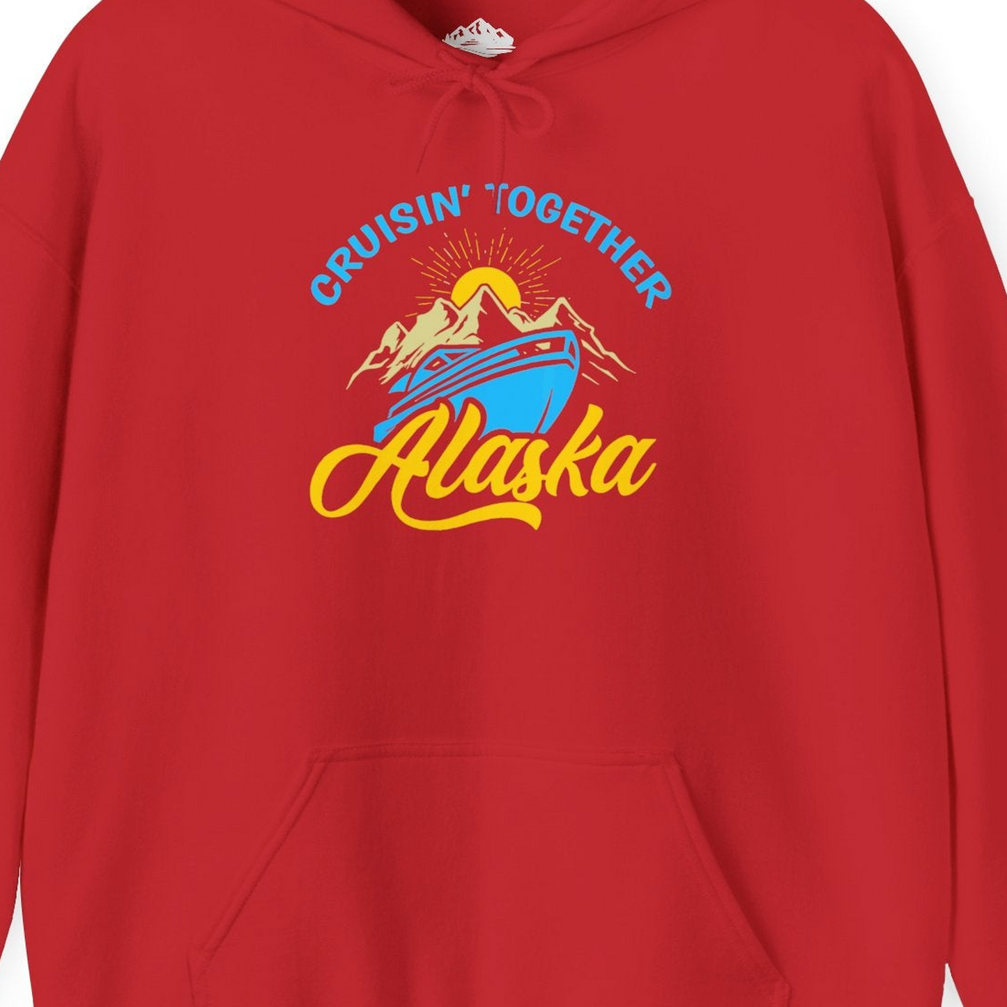 Alaska Cruise Adventure Mountains Sunrise Retro Shirt for Travelers — Hoodie Hoodie – Red – Alaska Cruise Shirts Close Up