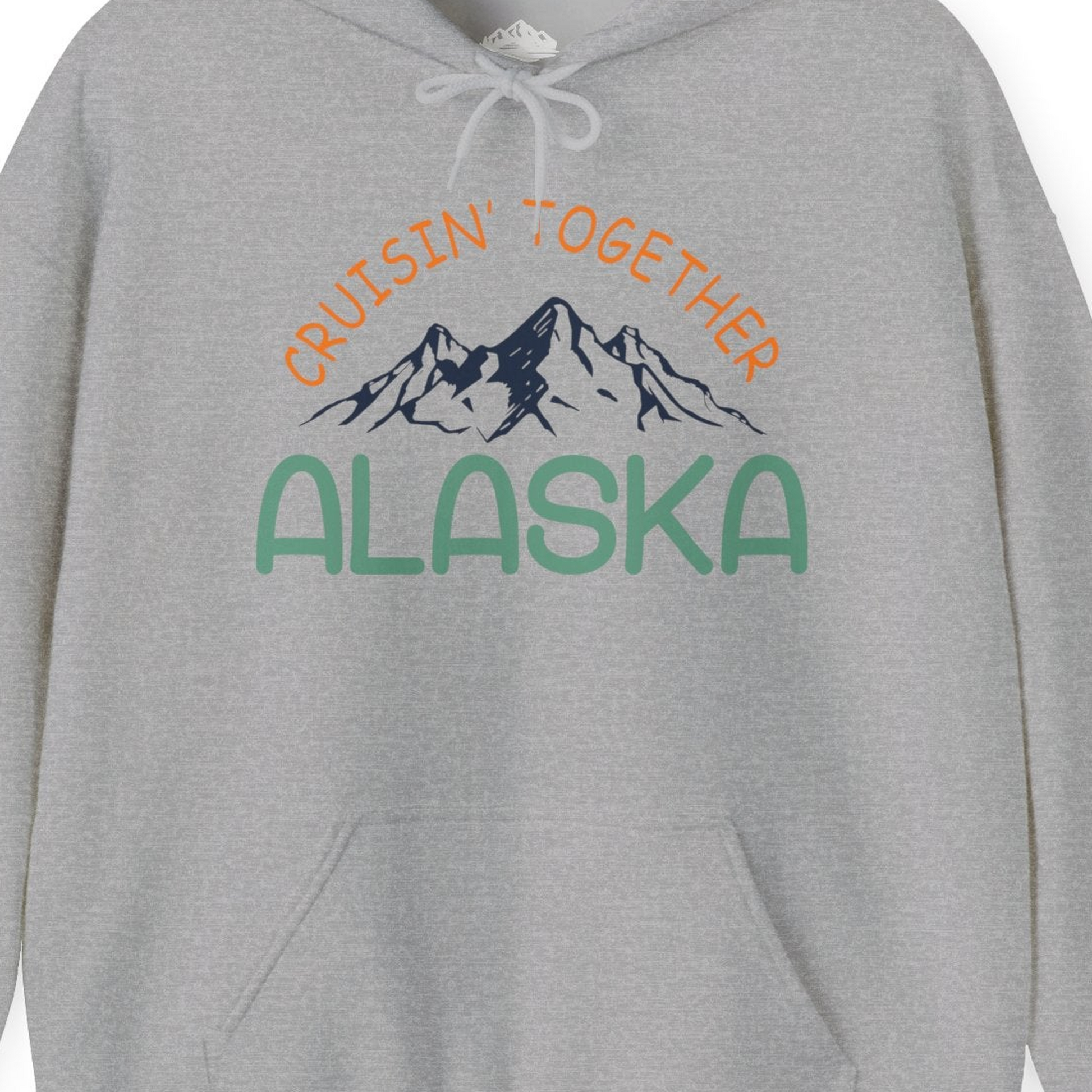 Cruisin Together Alaska Mountain Adventure Cruise Graphic Shirt — Hoodie Hoodie – Sport Grey – Alaska Cruise Shirts Close Up