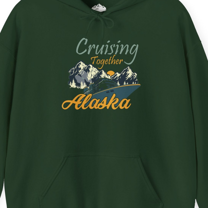Cruising Together Alaska Mountains Family Alaska Cruise Adventure Shirt — Hoodie Hoodie – Forest Green – Alaska Cruise Shirts Close Up