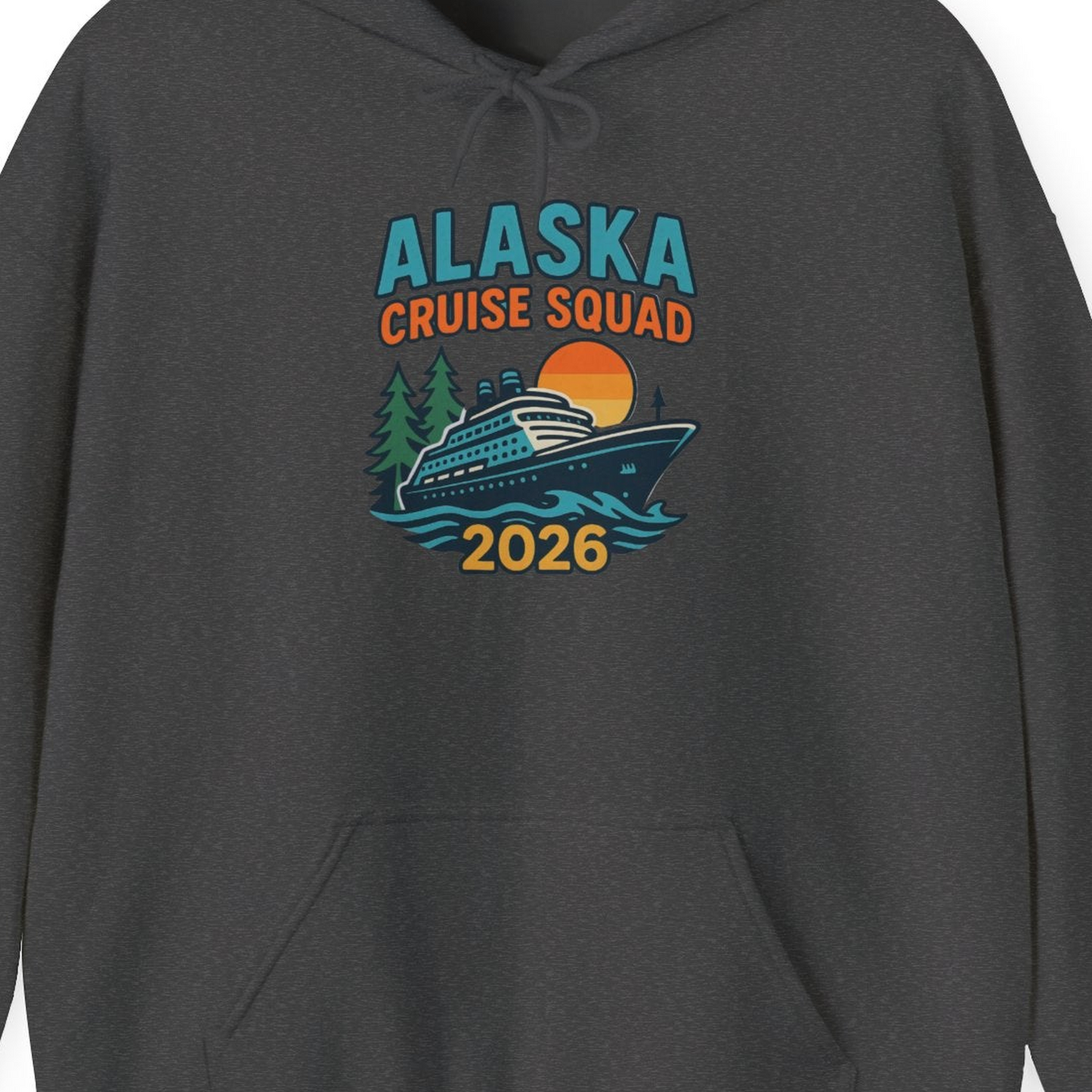 Alaska Cruise Squad Shirt Hoodie – Dark Heather – Alaska Cruise Shirts Close Up