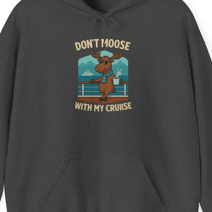 Funny Moose on Alaska Cruise Ship Shirt Hoodie – Dark Heather – Alaska Cruise Shirts Close Up