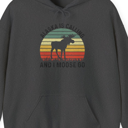 Alaska Is Calling And I Moose Go Retro Sunset Moose Graphic Shirt — Hoodie Hoodie – Dark Heather – Alaska Cruise Shirts Close Up