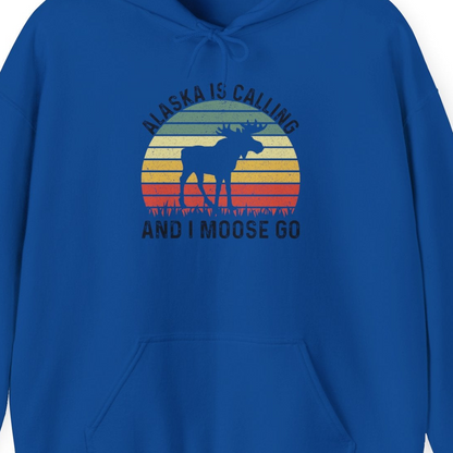 Alaska Is Calling And I Moose Go Retro Sunset Moose Graphic Shirt — Hoodie Hoodie – Royal – Alaska Cruise Shirts Close Up