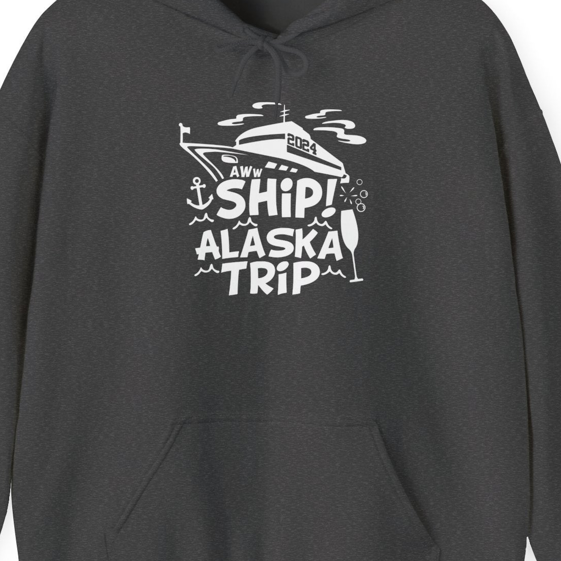 Aww Ship Alaska Cruise Shirt Hoodie – Dark Heather – Alaska Cruise Shirts Close Up