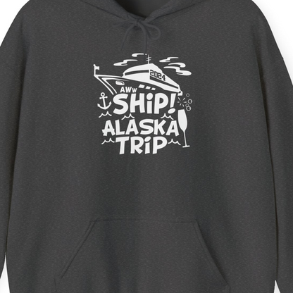 Aww Ship Alaska Cruise Shirt Hoodie – Dark Heather – Alaska Cruise Shirts Close Up