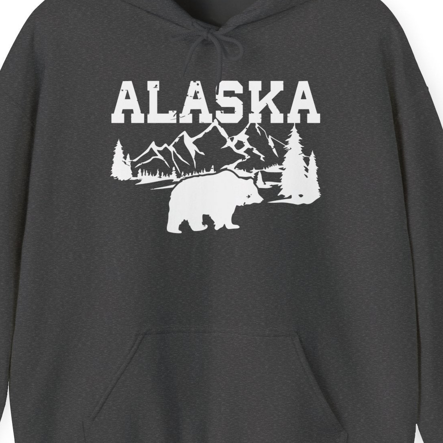 Alaska Bear Shirt Hoodie – Dark Heather – Alaska Cruise Shirts Close Up