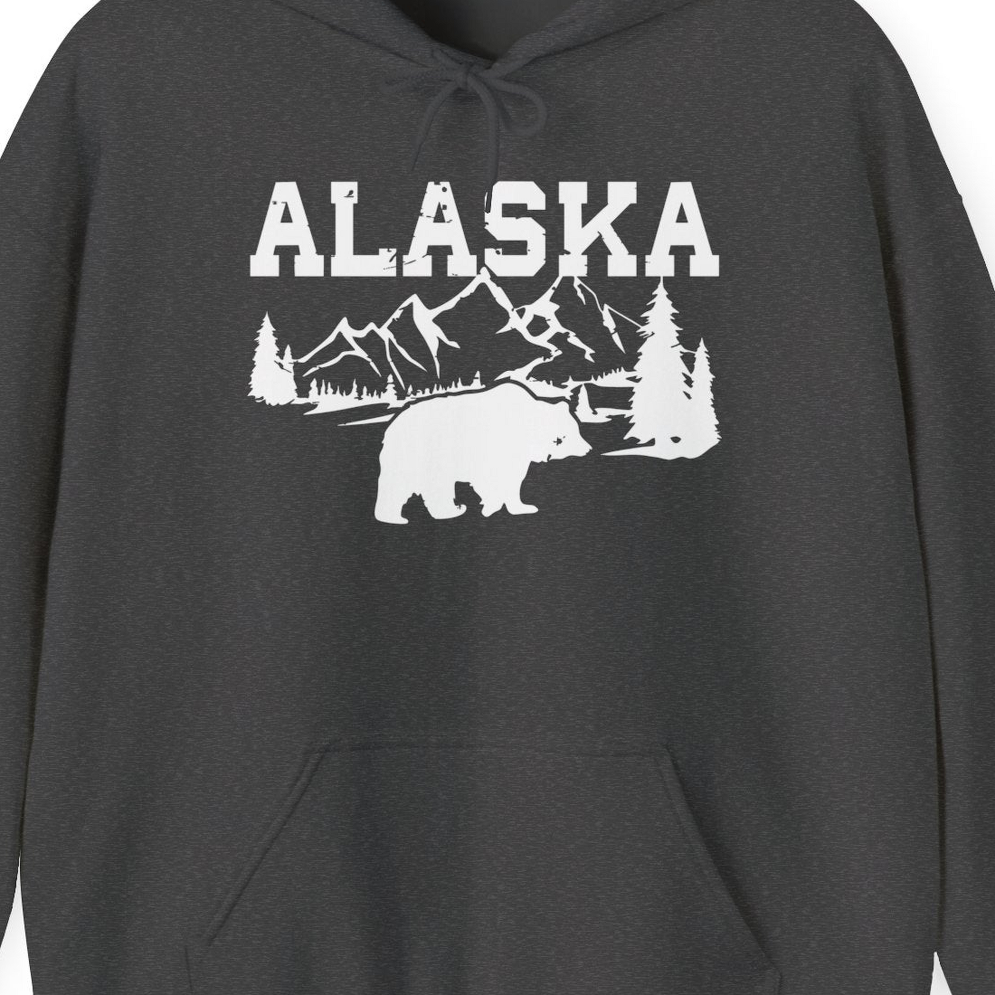 Alaska Bear Shirt Hoodie – Dark Heather – Alaska Cruise Shirts Close Up