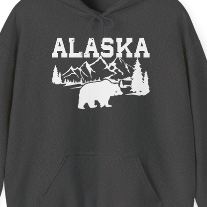 Alaska Bear Shirt Hoodie – Dark Heather – Alaska Cruise Shirts Close Up