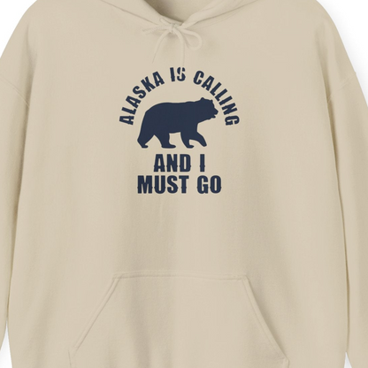 Alaska Is Calling Bear Silhouette Adventure Shirt Hoodie – Sand – Alaska Cruise Shirts Close Up
