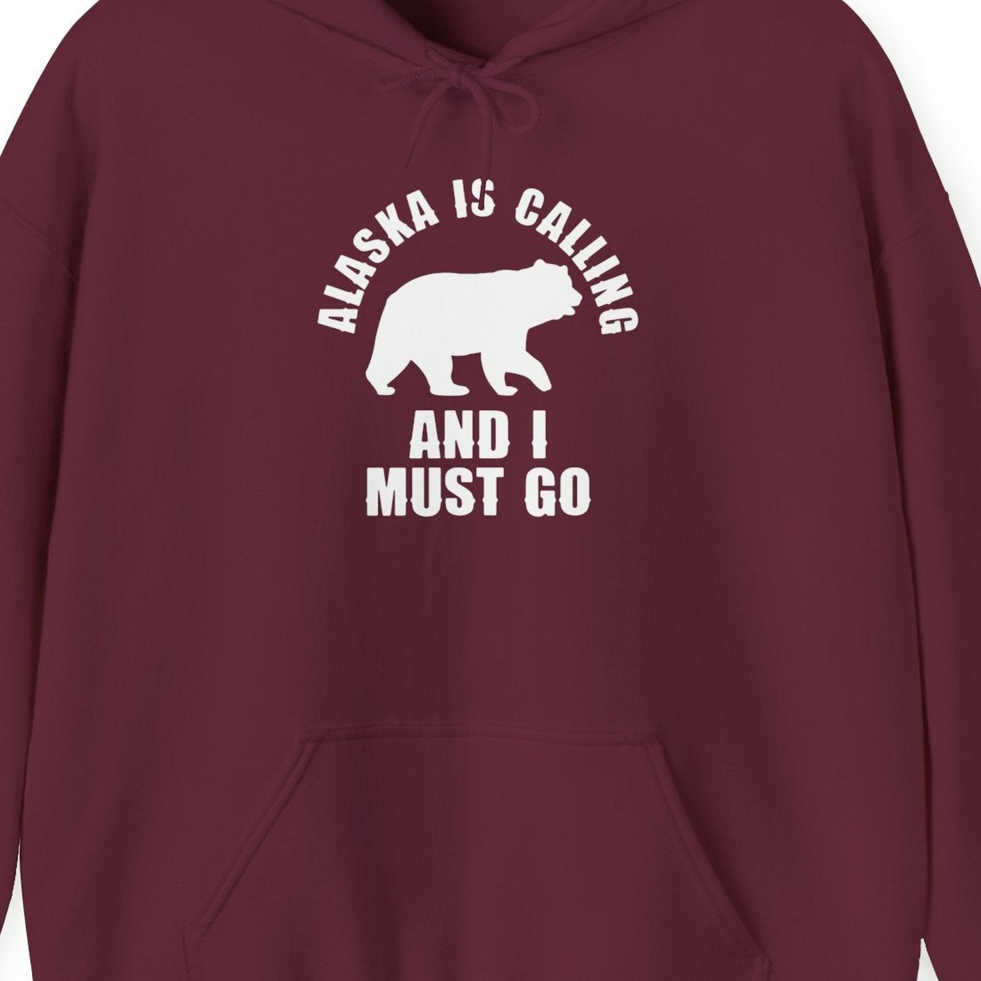 Alaska Is Calling Bear Silhouette Adventure Shirt Hoodie – Maroon – Alaska Cruise Shirts Close Up
