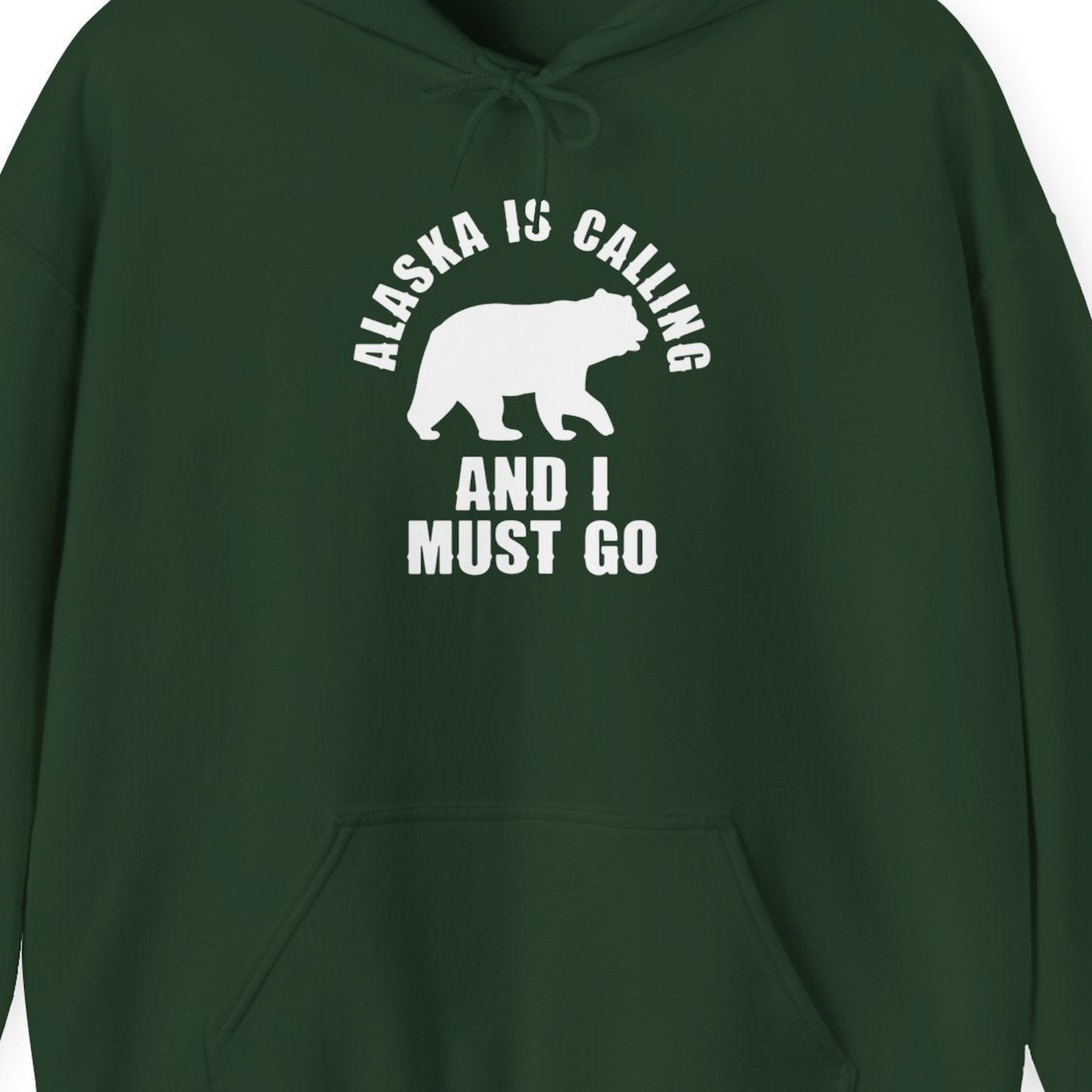 Alaska Is Calling Bear Silhouette Adventure Shirt Hoodie – Forest Green – Alaska Cruise Shirts Close Up