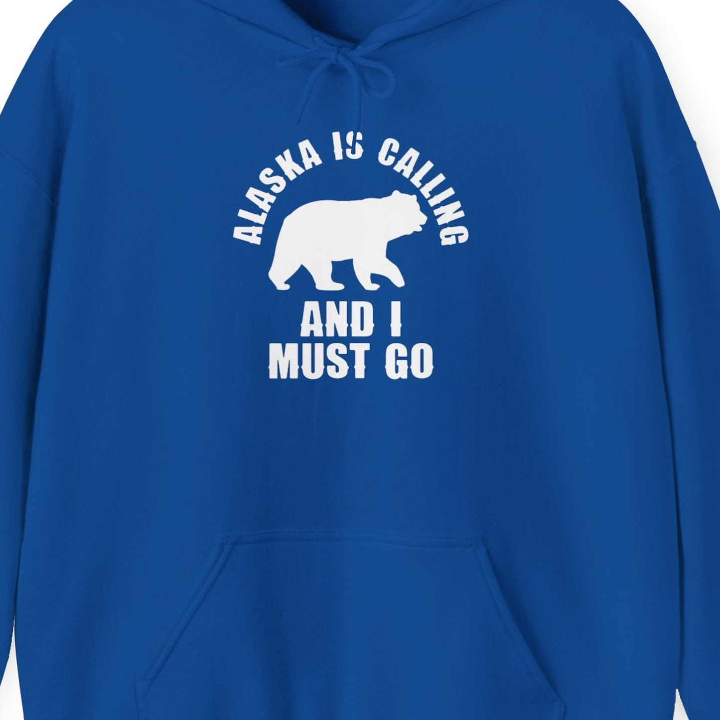 Alaska Is Calling Bear Silhouette Adventure Shirt Hoodie – Royal – Alaska Cruise Shirts Close Up