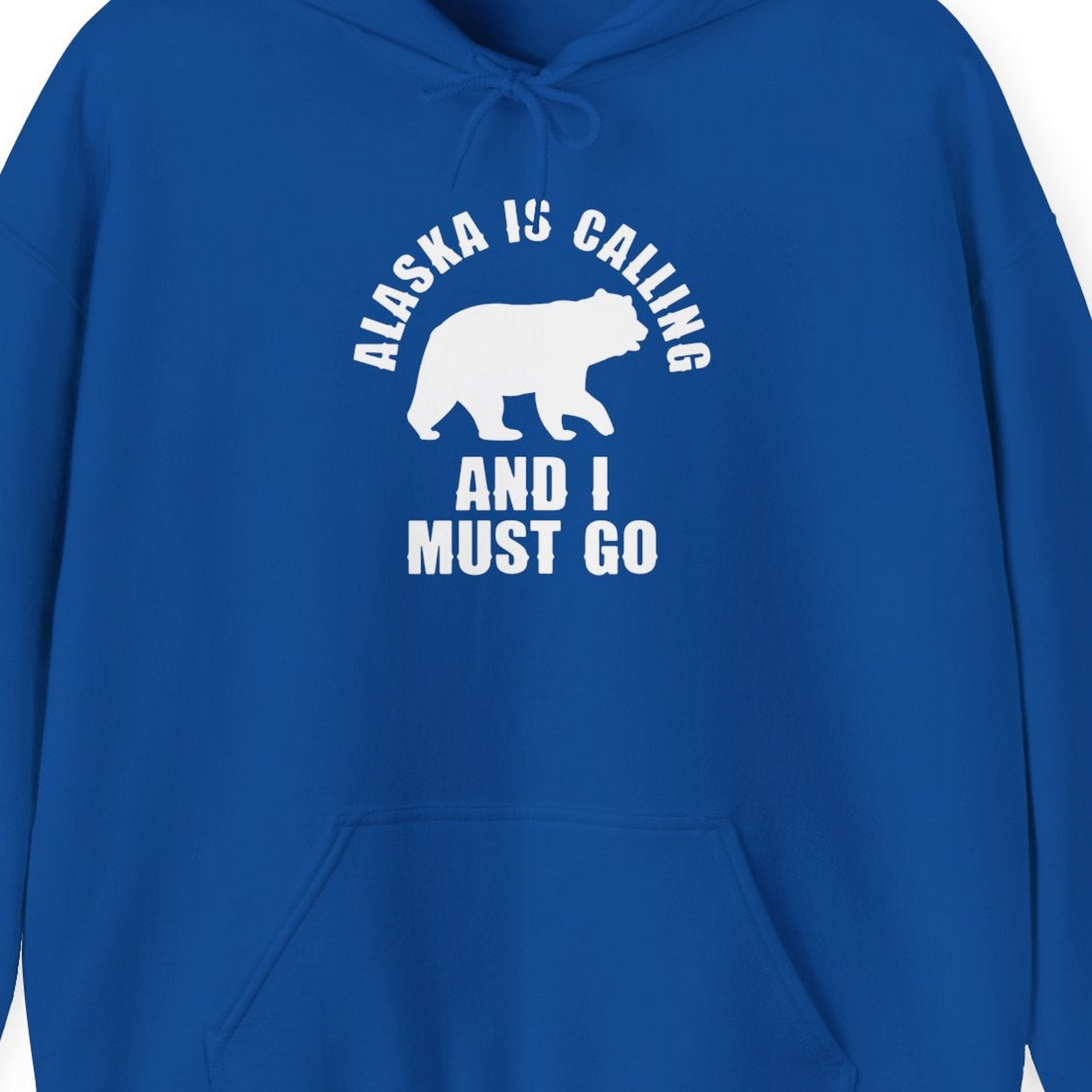 Alaska Is Calling Bear Silhouette Adventure Shirt Hoodie – Royal – Alaska Cruise Shirts Close Up