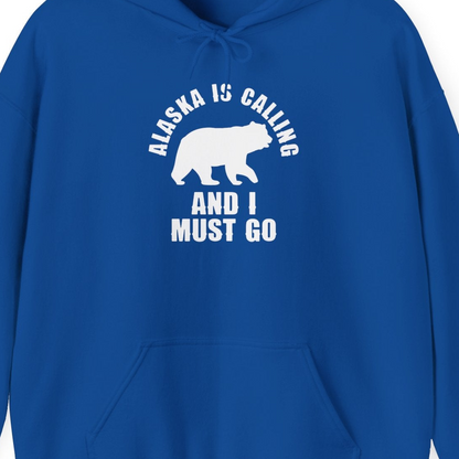 Alaska Is Calling Bear Silhouette Adventure Shirt Hoodie – Royal – Alaska Cruise Shirts Close Up