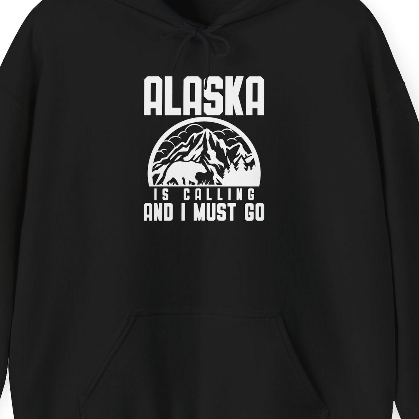 Alaska Is Calling Shirt Hoodie – Black – Alaska Cruise Shirts Close Up