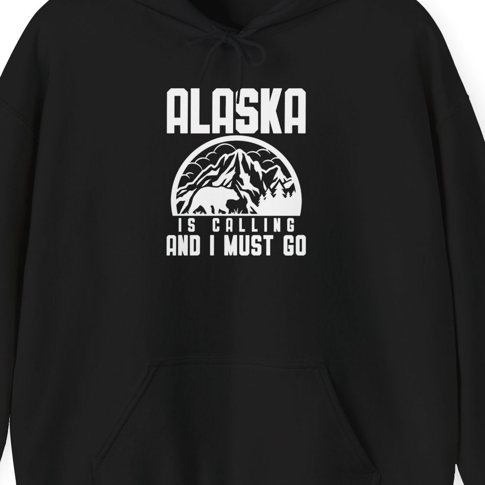 Alaska Is Calling Shirt Hoodie – Black – Alaska Cruise Shirts Close Up