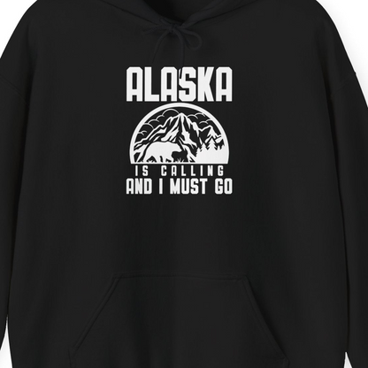 Alaska Is Calling Shirt Hoodie – Black – Alaska Cruise Shirts Close Up