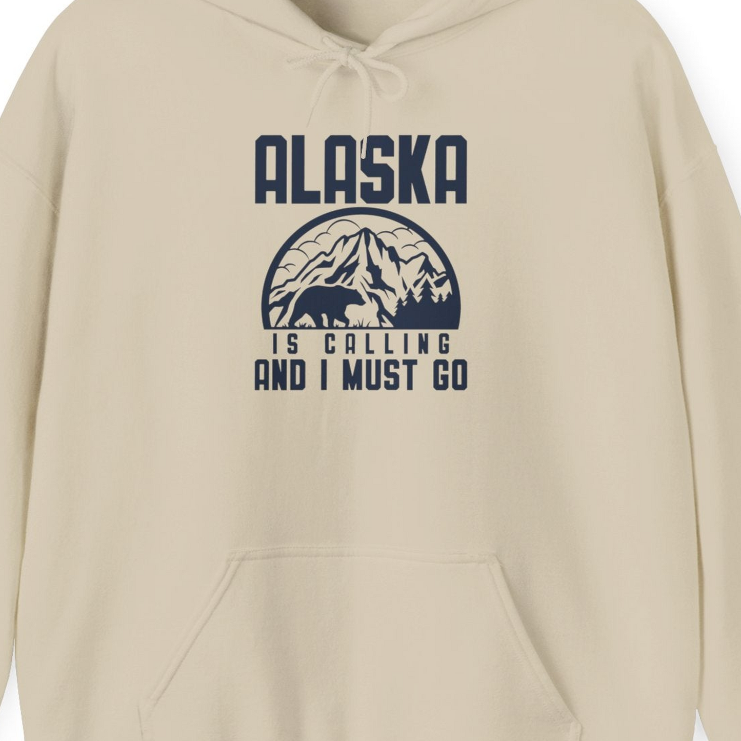 Alaska Is Calling Shirt Hoodie – Sand – Alaska Cruise Shirts Close Up