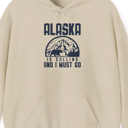 Alaska Is Calling Shirt Hoodie – Sand – Alaska Cruise Shirts Close Up